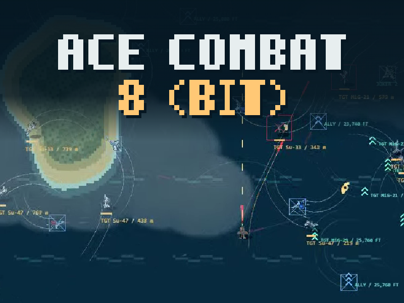 Ace Combat 8-bit: pixel lettering over a top-down aerial battle
